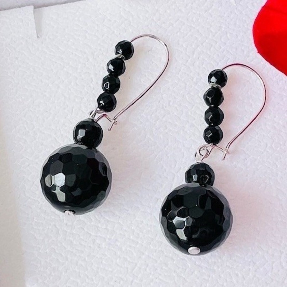SX Sterling Silver 925 Dangle Earrings Black Faceted Obsidian Hook Vintage